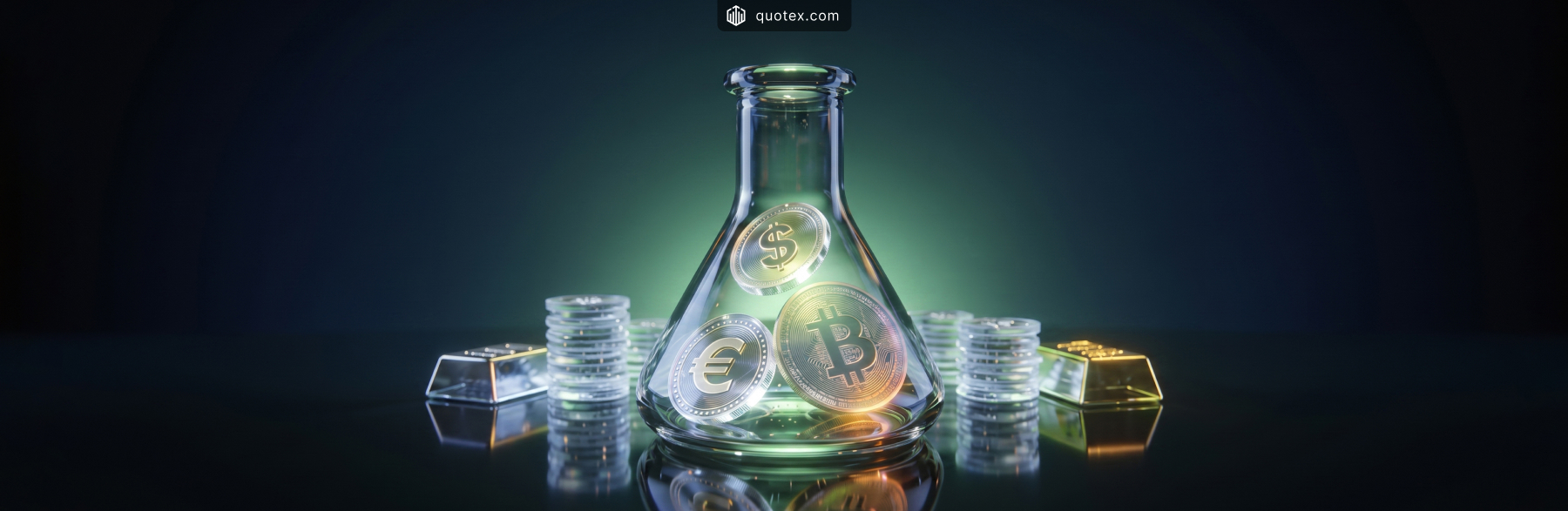 Operator promotional illustration of currencies in a laboratory flask